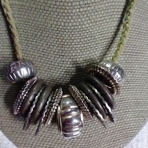 Silvertone green braided cord necklace